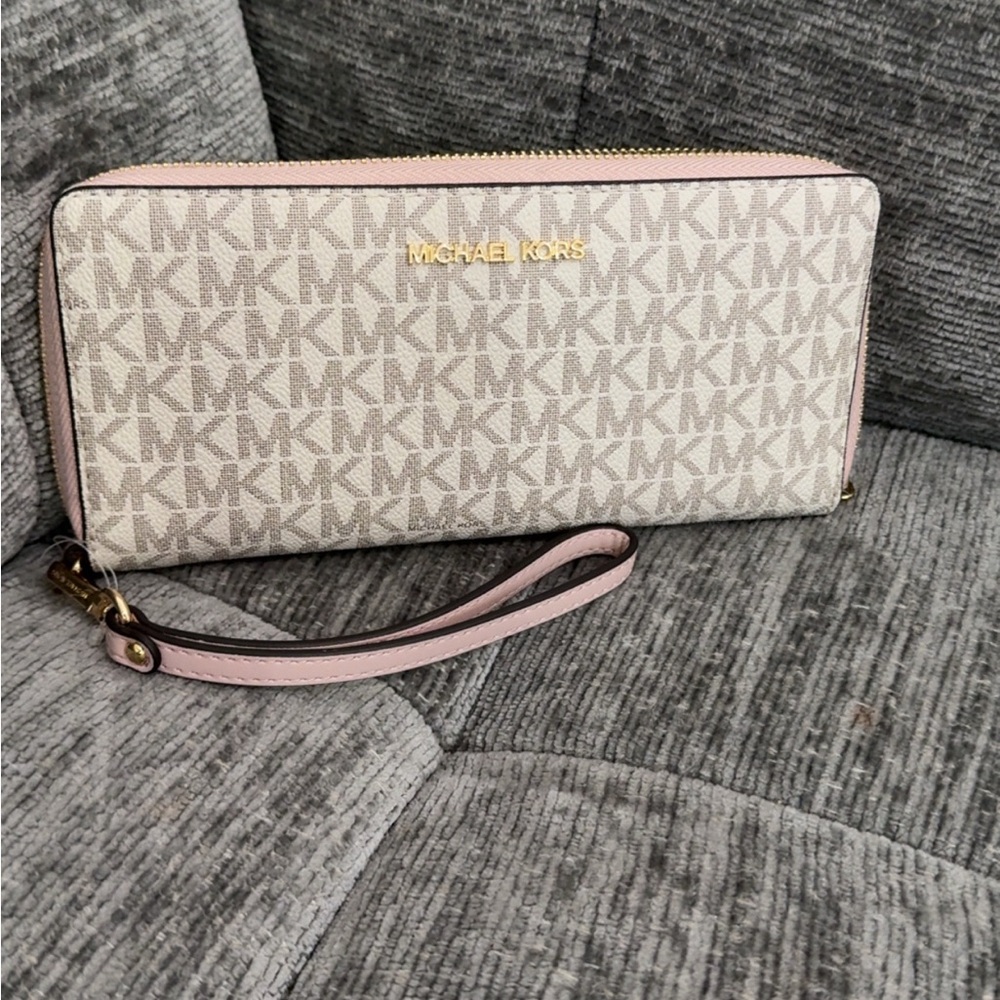 Michael Kors Monogram Cream and Pink Wristlet